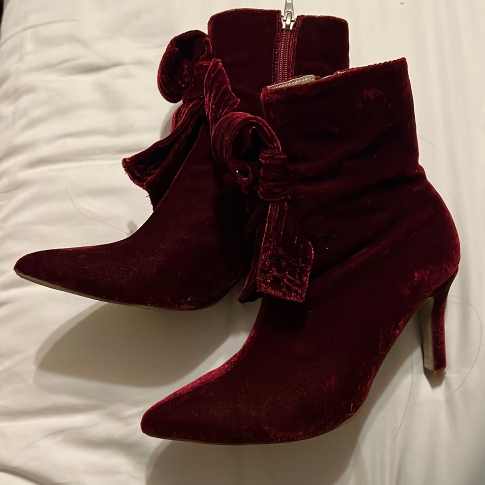 Joyfolie Burgundy Velvet Bow Ankle Boots